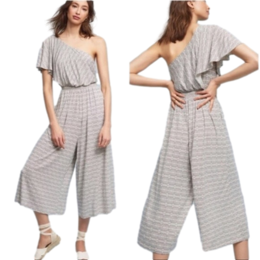 Anthropologie Maeve Cream and Black Print, Off the Shoulder, Wide Leg, Jumpsuit‌